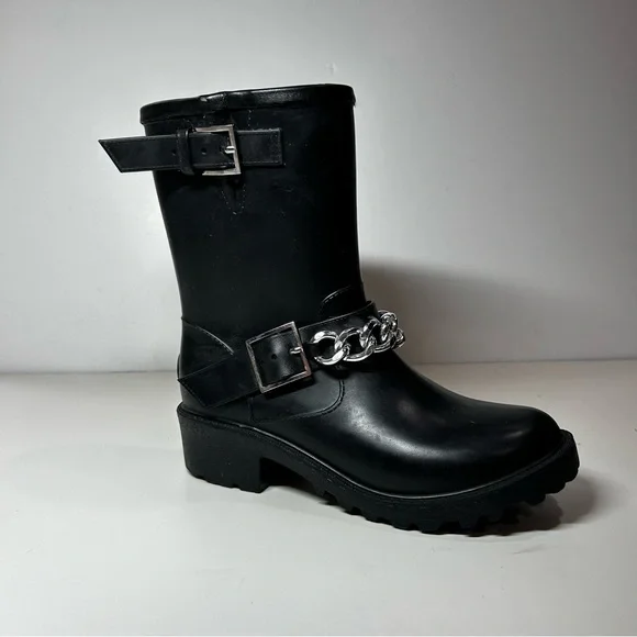 dav women s chunky biker moto rain boots booties. Buckle chain detail. Size 7